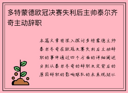 多特蒙德欧冠决赛失利后主帅泰尔齐奇主动辞职